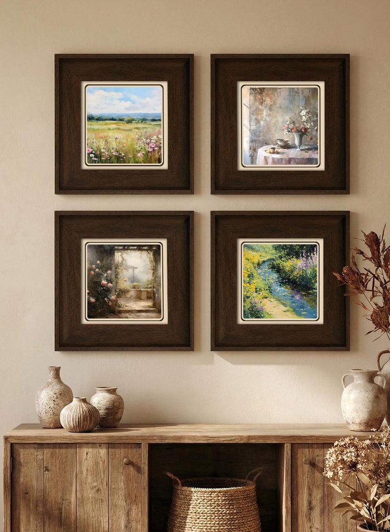 LOWHA Set of 4 Canvas Wall Art Stretched Over Wooden Frame with Vintage Brown Floating Frame and Pastoral Calm Design - Image 5